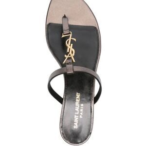 Saint Laurent Black Leather YSL Logo Thong Sandals
